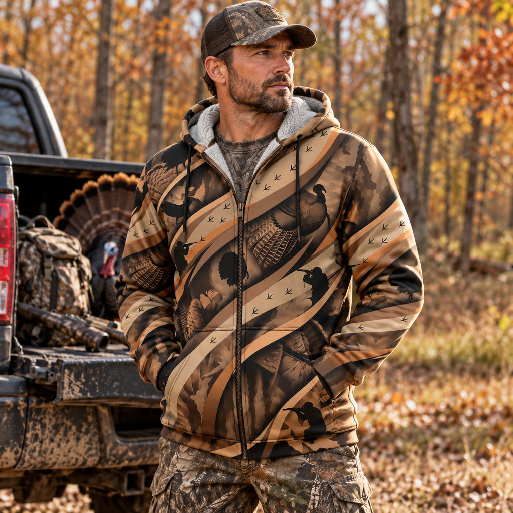 Turkey Hunting Feather Drift Fleece Full-Zip Hoodie worn outdoors