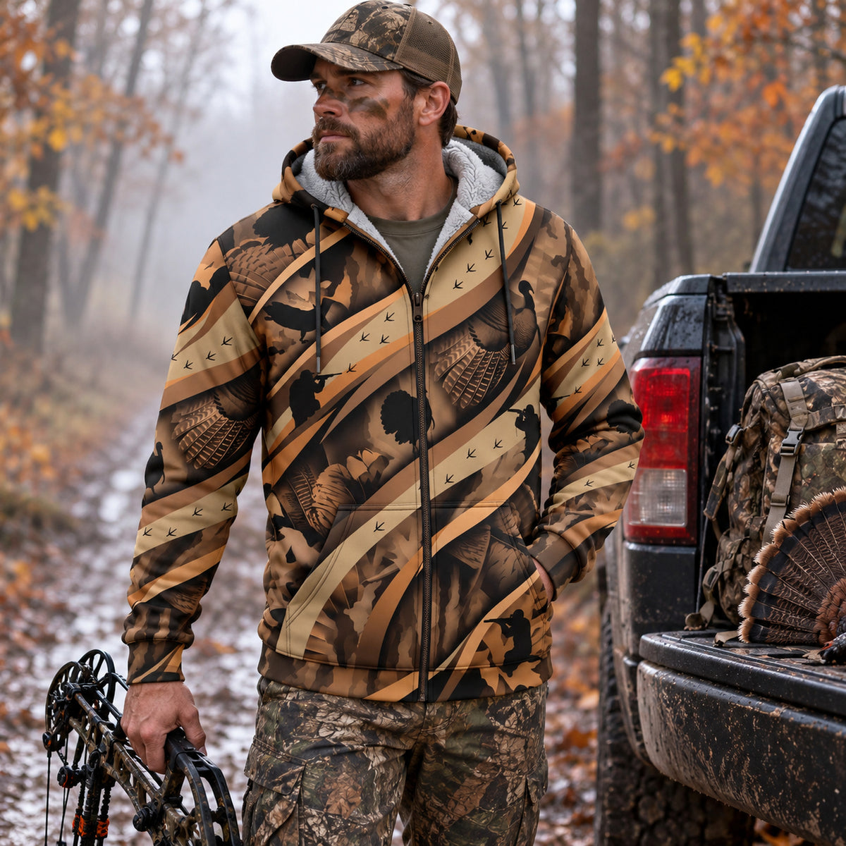 Turkey Hunting Feather Drift Fleece Full-Zip Hoodie angled view
