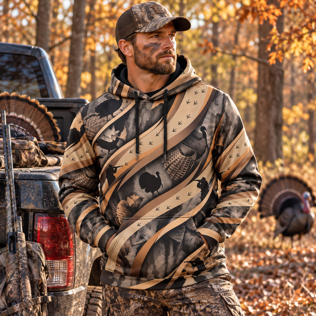 Turkey Hunting Feather Drift Field Pullover Hoodie worn outdoors