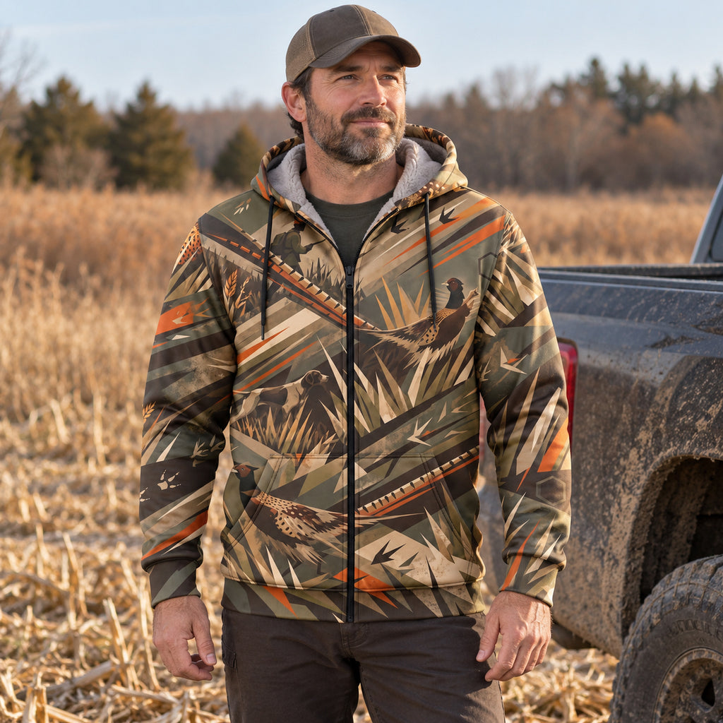 Upland Grass Rooster Fleece Full-Zip Hoodie worn outdoors