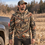 Upland Grass Rooster Field Pullover Hoodie worn outdoors