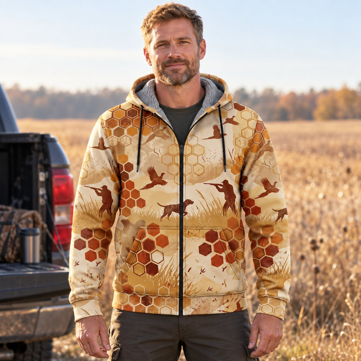 Upland Hex Camo Point Fleece Full-Zip Hoodie worn outdoors