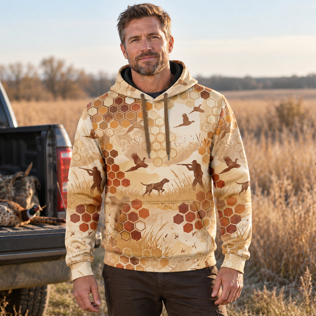 Upland Hex Camo Point Field Pullover Hoodie worn outdoors