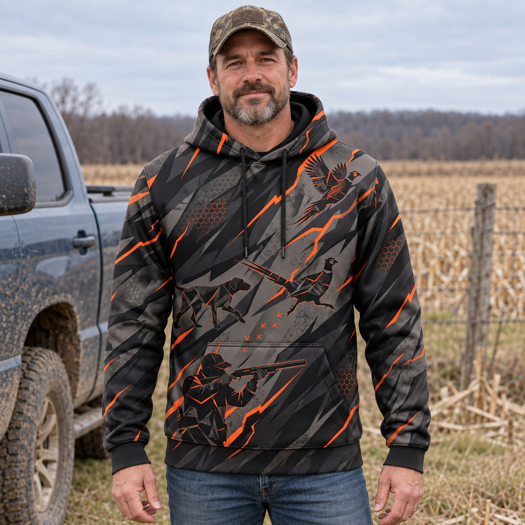 Upland Ember Slash Field Pullover Hoodie worn outdoors