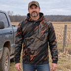 Upland Ember Slash Field Pullover Hoodie worn outdoors