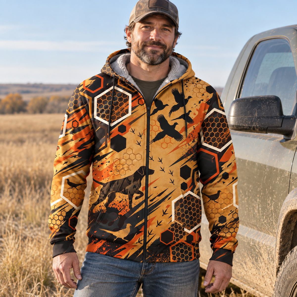 Upland Gold Comb Rooster Fleece Full-Zip Hoodie worn outdoors