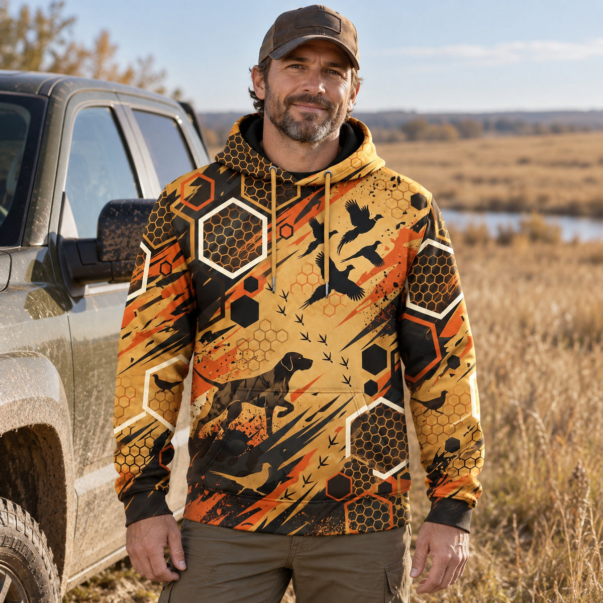 Upland Gold Comb Rooster Field Pullover Hoodie worn outdoors