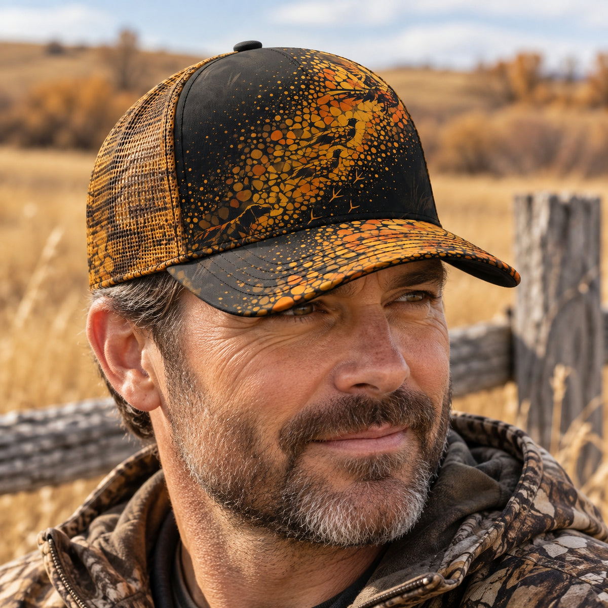 Ember Dot Rooster Mesh Cap 2.0 worn outdoors