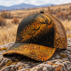 Ember Dot Rooster Mesh Cap 2.0 side view showing the all-over print mesh