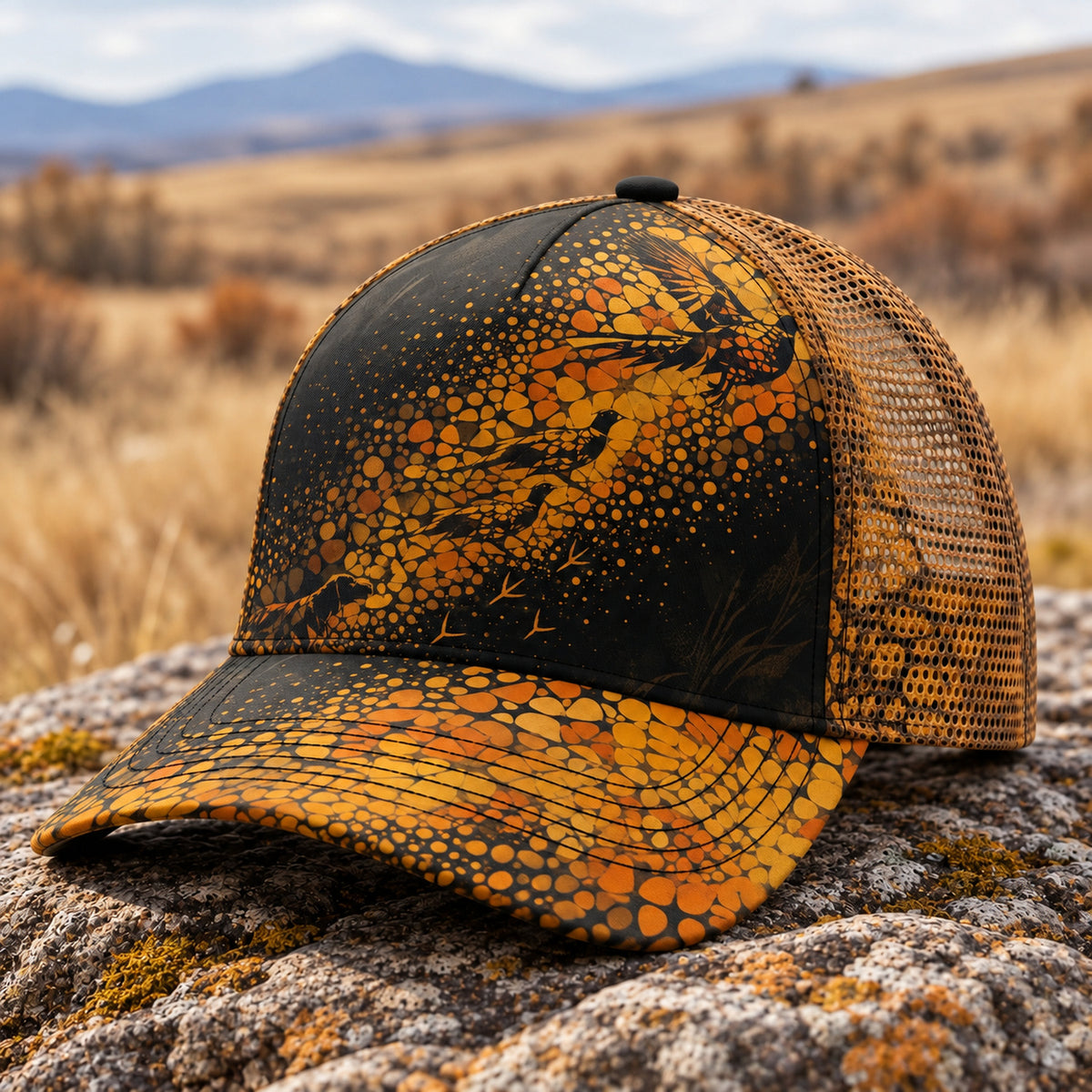 Ember Dot Rooster Mesh Cap 2.0 side view showing the all-over print mesh