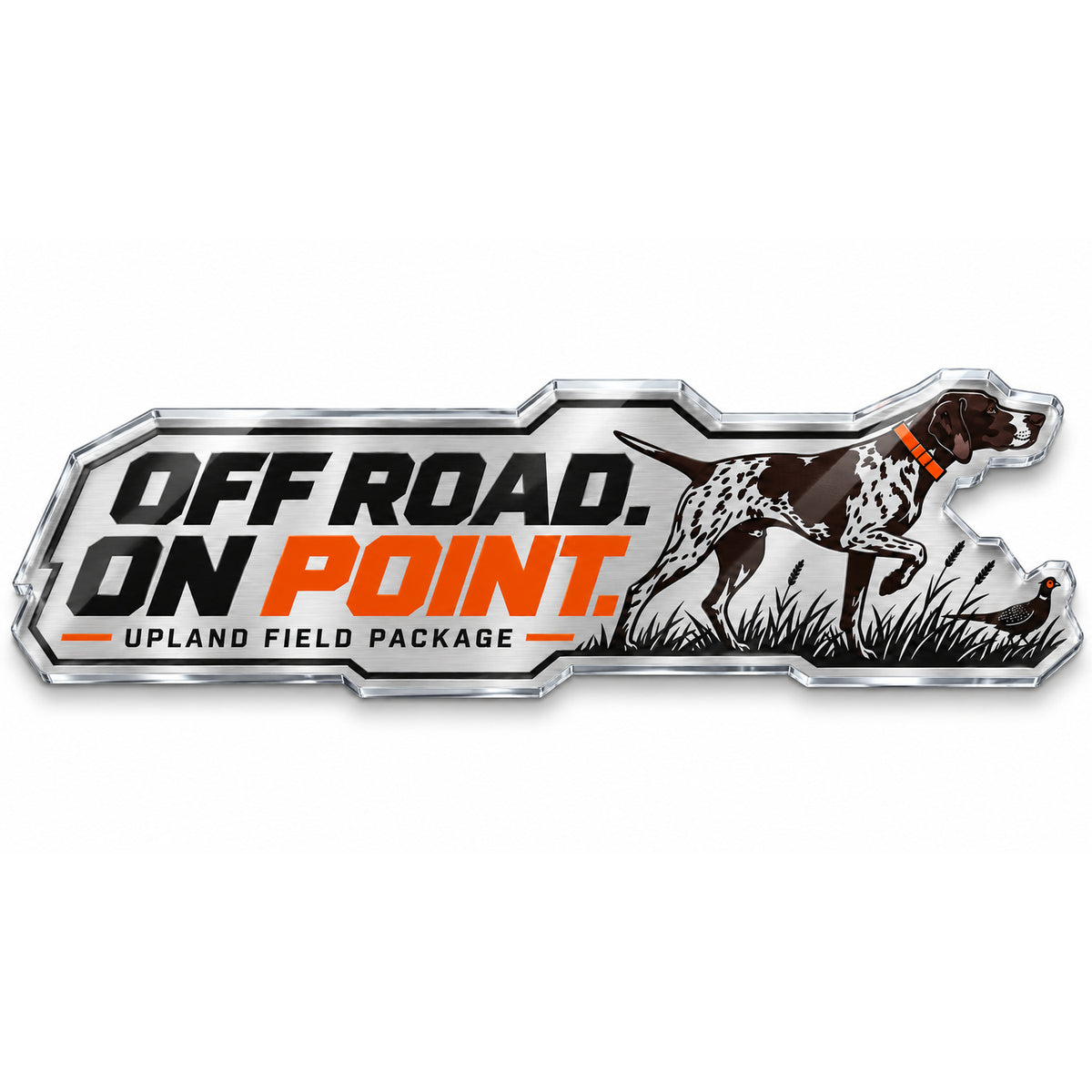 Off Road On Point upland pointer metal car emblem, front view