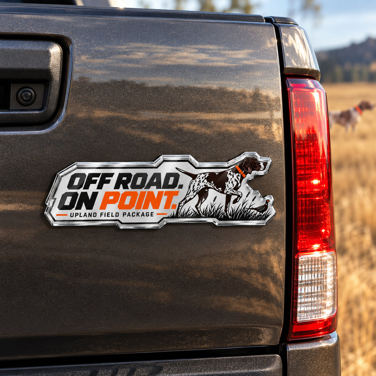 Upland pointer emblem mounted on a truck tailgate, direct view