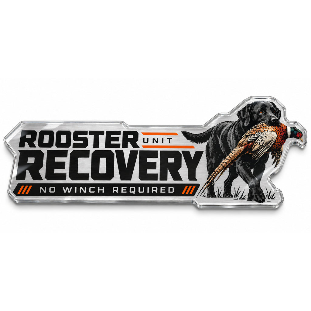 Rooster Recovery Unit black lab metal car emblem, front view