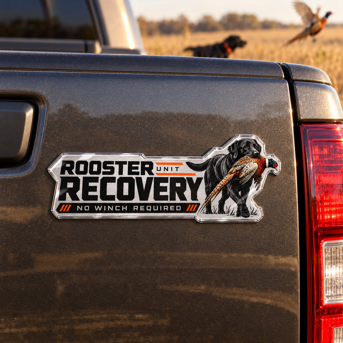 Bird dog emblem mounted on a truck tailgate, direct view
