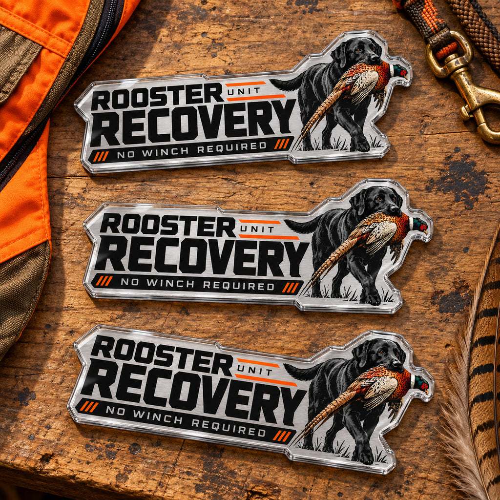 Three sizes of the bird dog metal emblem side by side