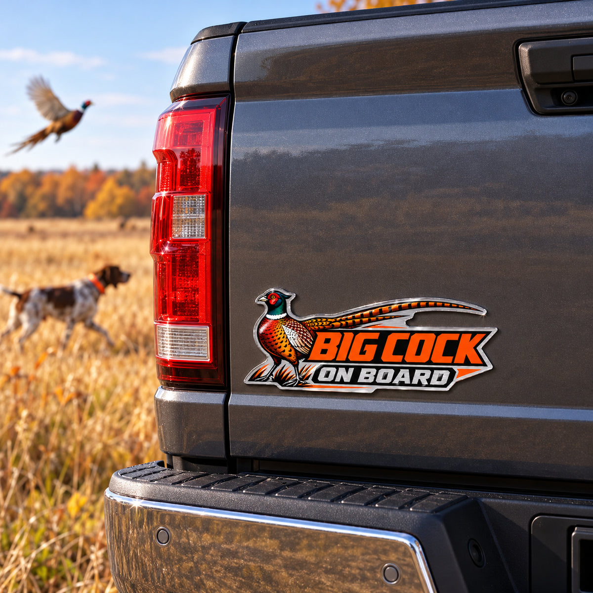 Rooster pheasant emblem mounted on a pickup truck tailgate, angled view