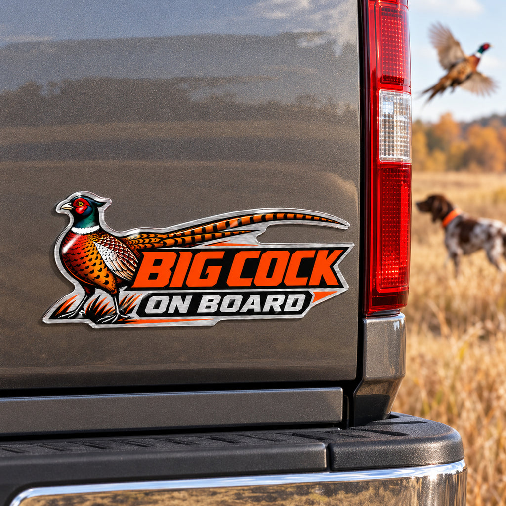 Rooster pheasant emblem on a truck tailgate, direct view