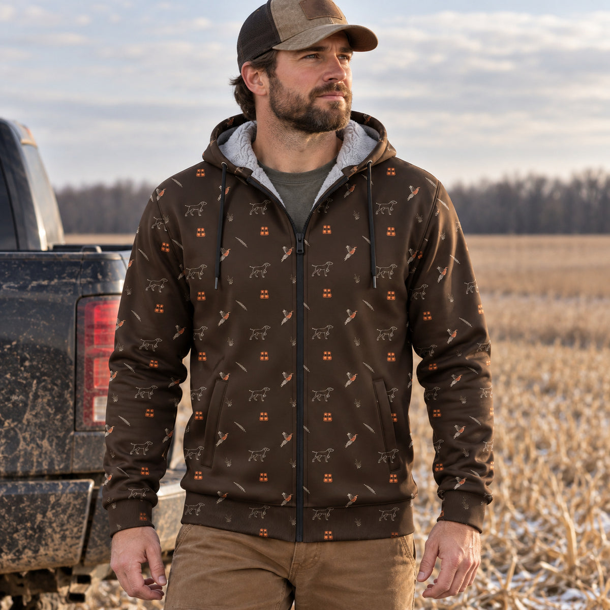Upland Dog And Bird Icon Fleece Full-Zip Hoodie worn outdoors