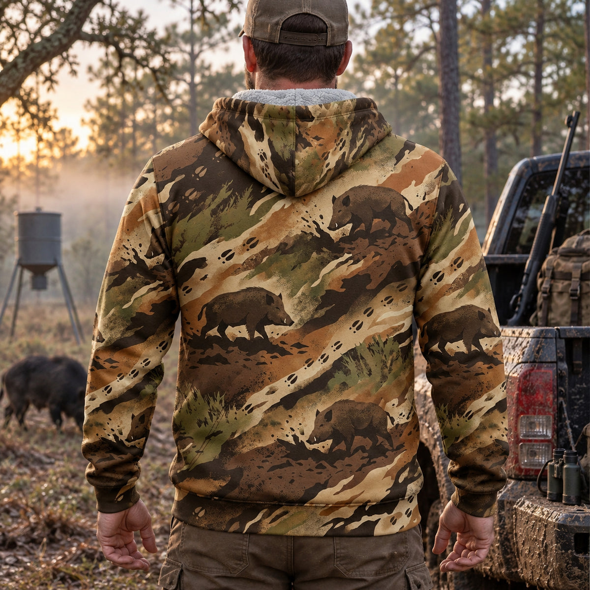 Wild Boar Hunting Timber Sounder Fleece Full-Zip Hoodie back