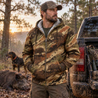 Wild Boar Hunting Timber Sounder Fleece Full-Zip Hoodie worn outdoors