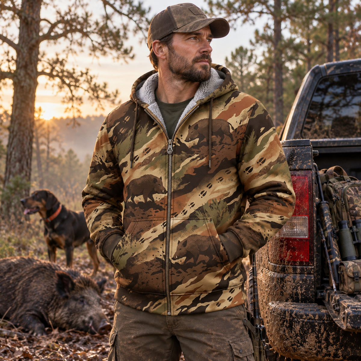 Wild Boar Hunting Timber Sounder Fleece Full-Zip Hoodie worn outdoors