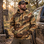 Wild Boar Hunting Timber Sounder Field Pullover Hoodie worn outdoors