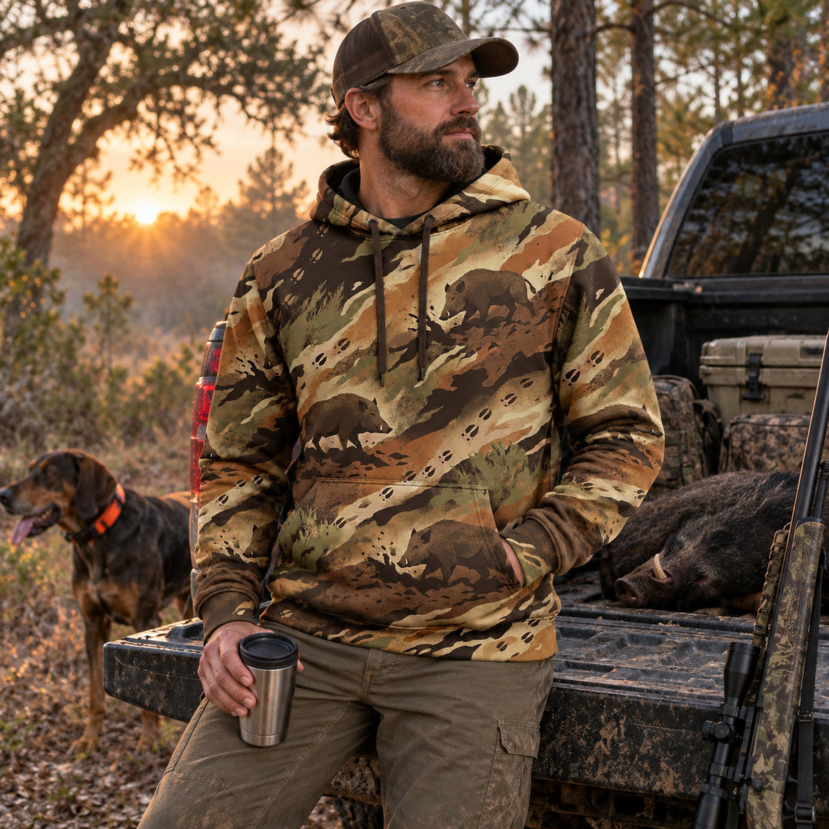 Wild Boar Hunting Timber Sounder Field Pullover Hoodie angled view