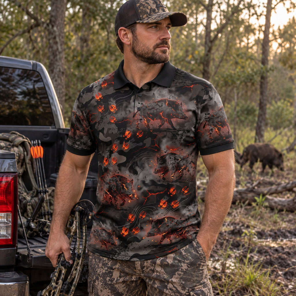 Ember Ridge Boar Polo Shirt worn outdoors
