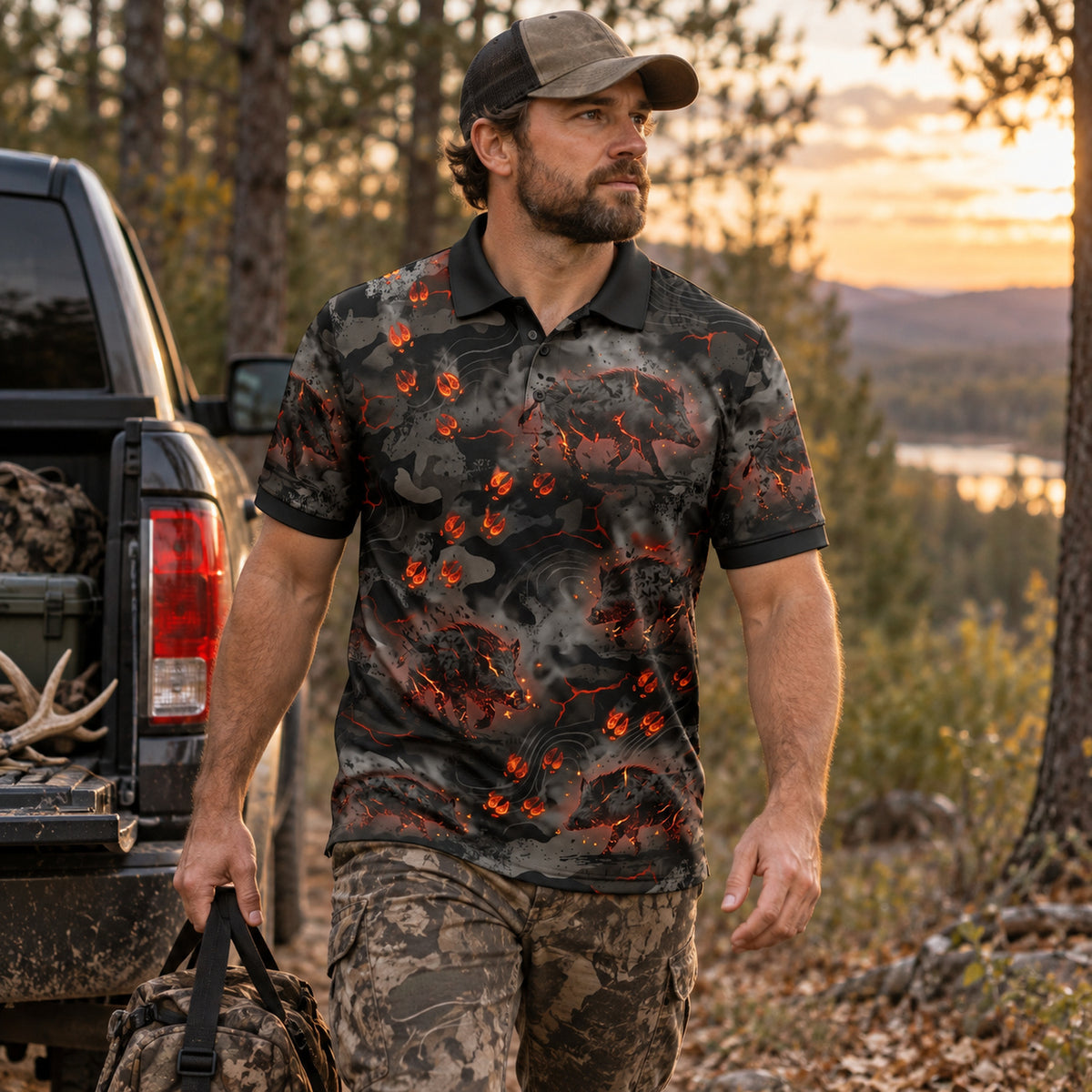 Ember Ridge Boar Polo Shirt angled view