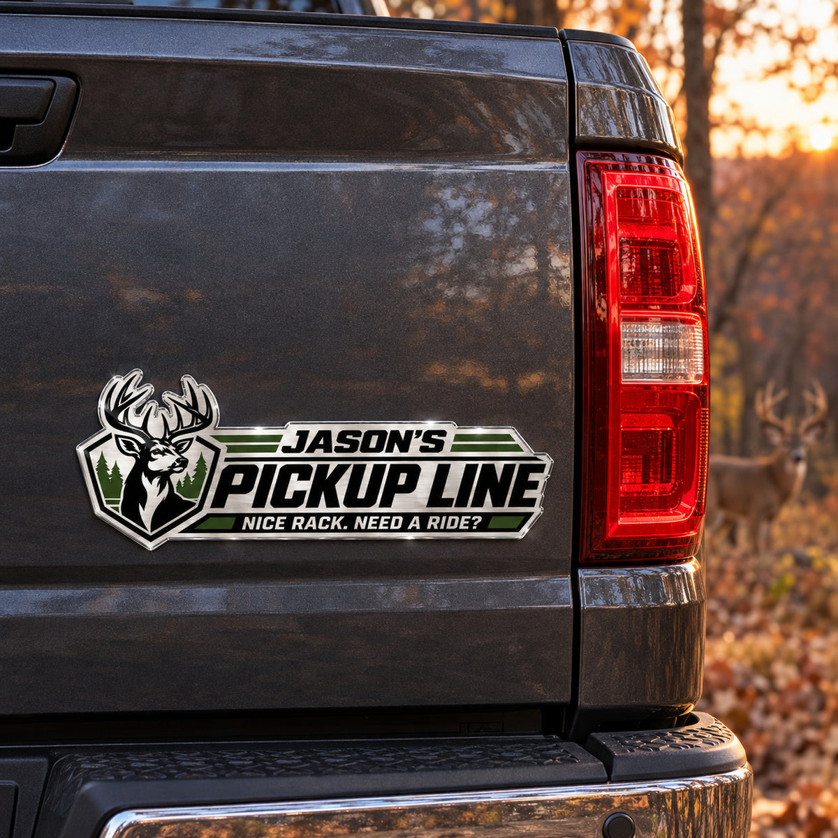 Personalized Pickup Line whitetail buck emblem on a pickup tailgate