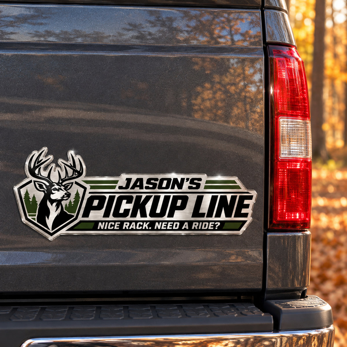 Pickup Line buck emblem straight-on on a truck tailgate
