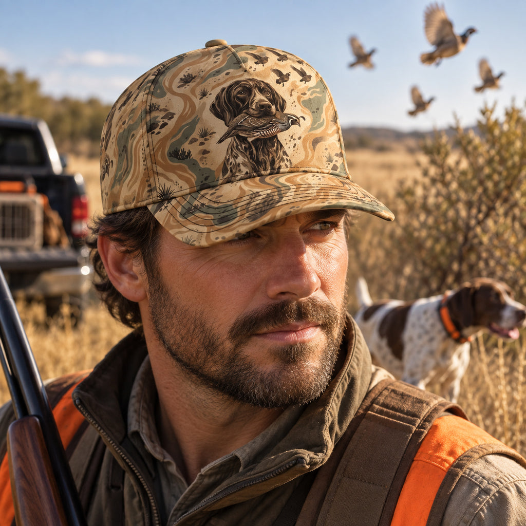 Point And Retrieve Quail Classic Cap worn outdoors