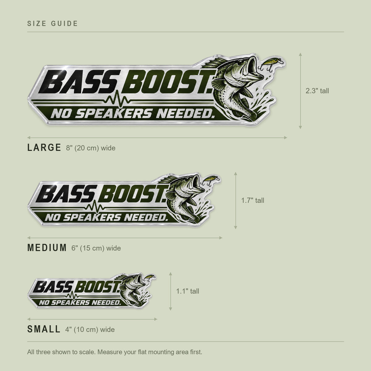 Size guide: 4 inch, 6 inch and 8 inch wide emblems shown to scale