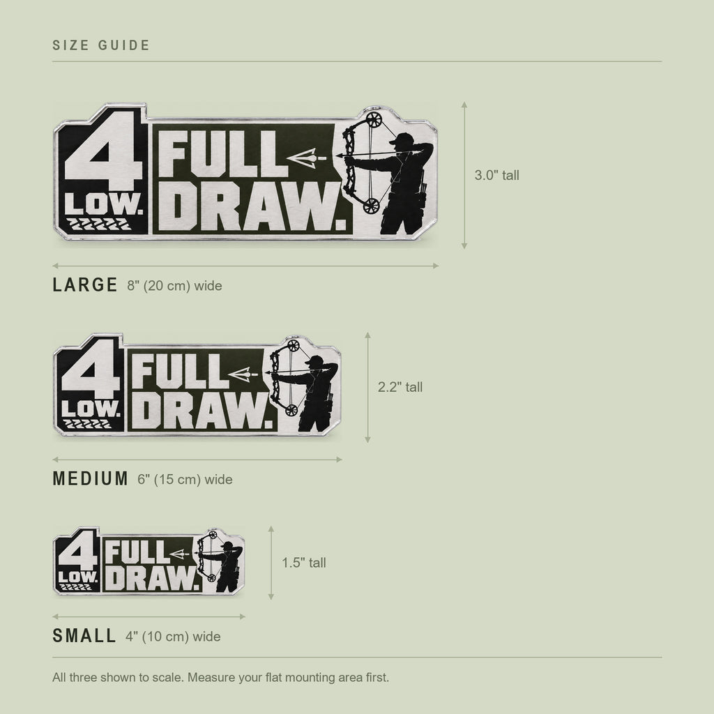 Size guide: 4 inch, 6 inch and 8 inch wide emblems shown to scale with the height each one works out to