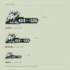 Size guide: 4 inch, 6 inch and 8 inch wide emblems shown to scale with the height each one works out to