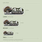 Size guide: 4 inch, 6 inch and 8 inch wide emblems shown to scale with the height each one works out to