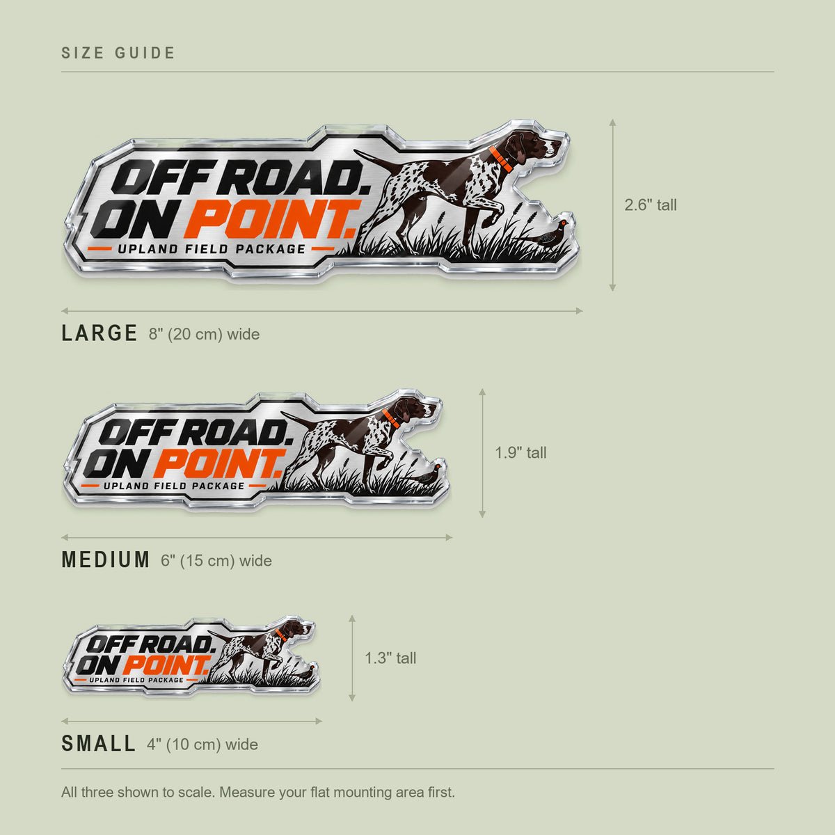 Size guide: 4 inch, 6 inch and 8 inch wide emblems shown to scale with the height each one works out to