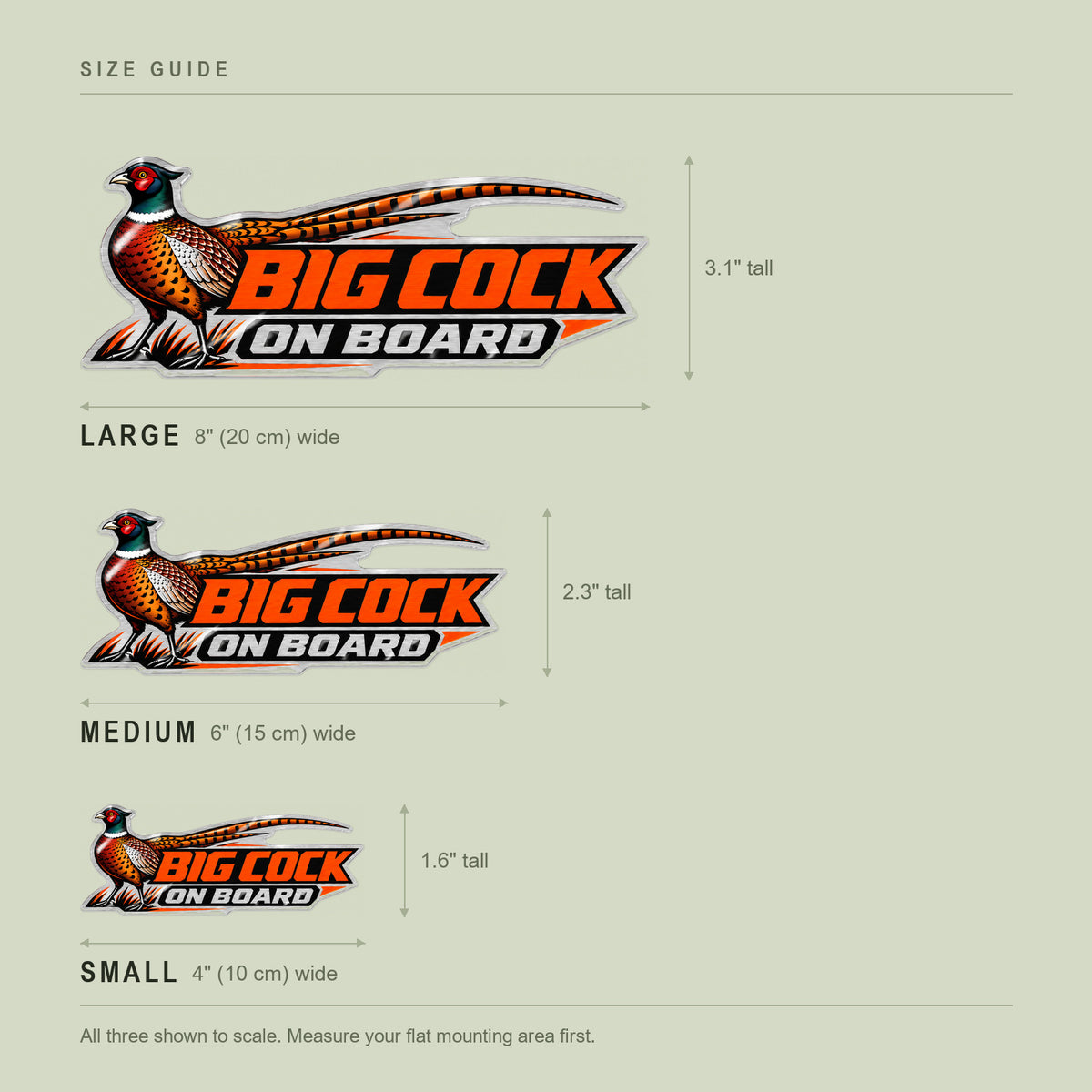 Size guide: 4 inch, 6 inch and 8 inch wide emblems shown to scale