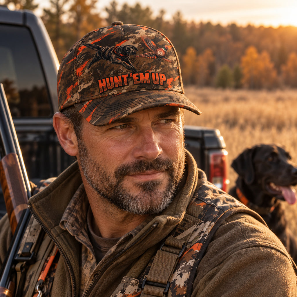 Hunt Em Up Blaze Splash Retriever Classic Cap on body