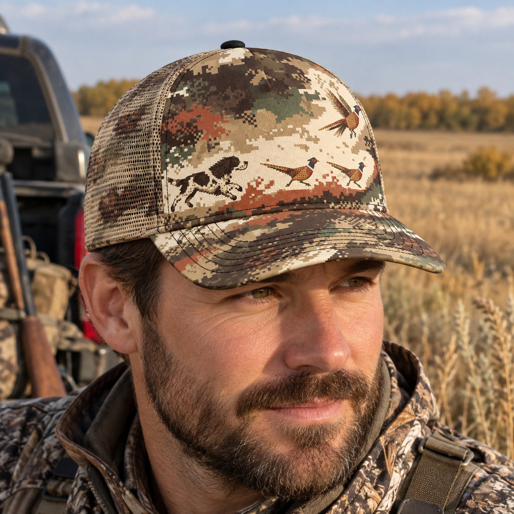 Covey Point Pheasant Mesh Cap 2.0 worn outdoors