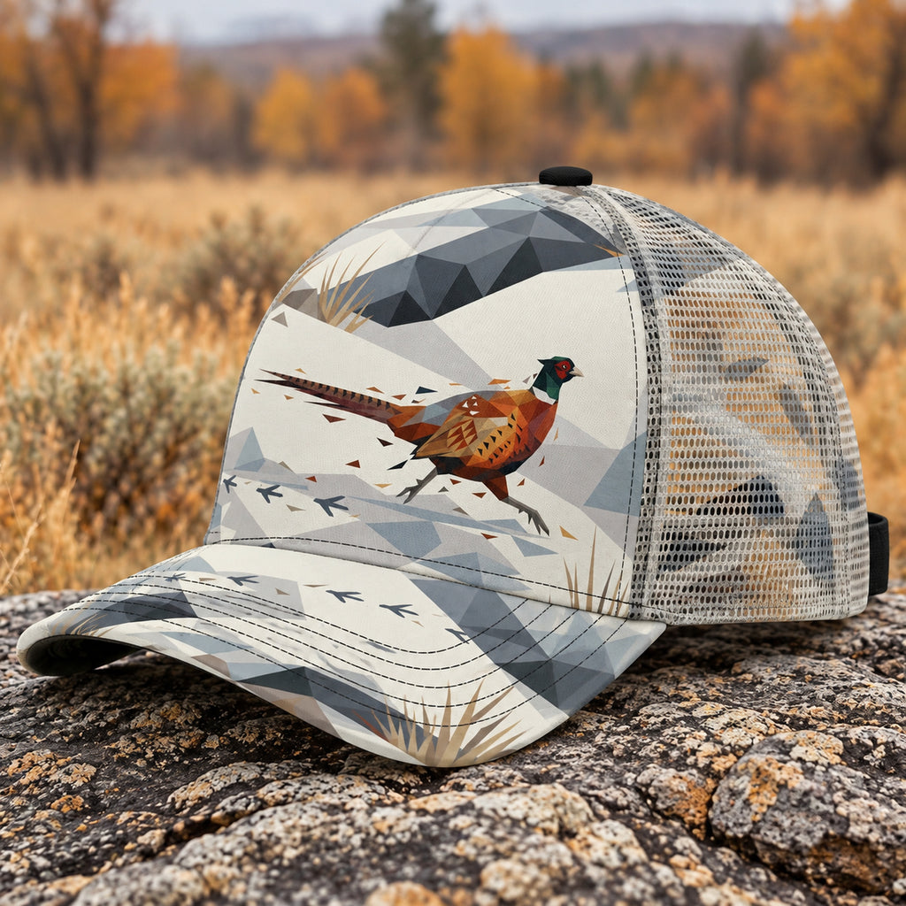 Low Poly Rooster Mesh Cap 2.0 side view showing the all-over print mesh